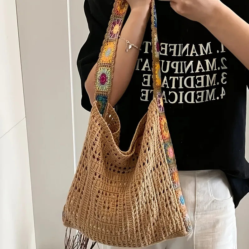 Bolso Shopper de Crochet Boho Grande con Flores