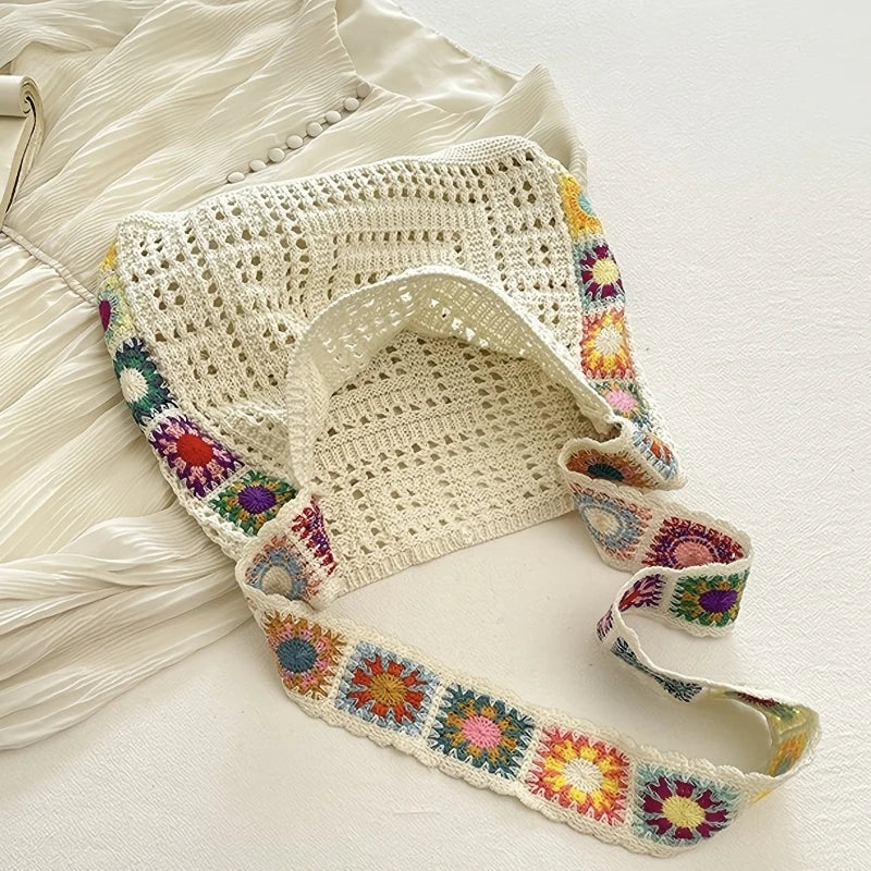 Bolso Shopper de Crochet Boho Grande con Flores