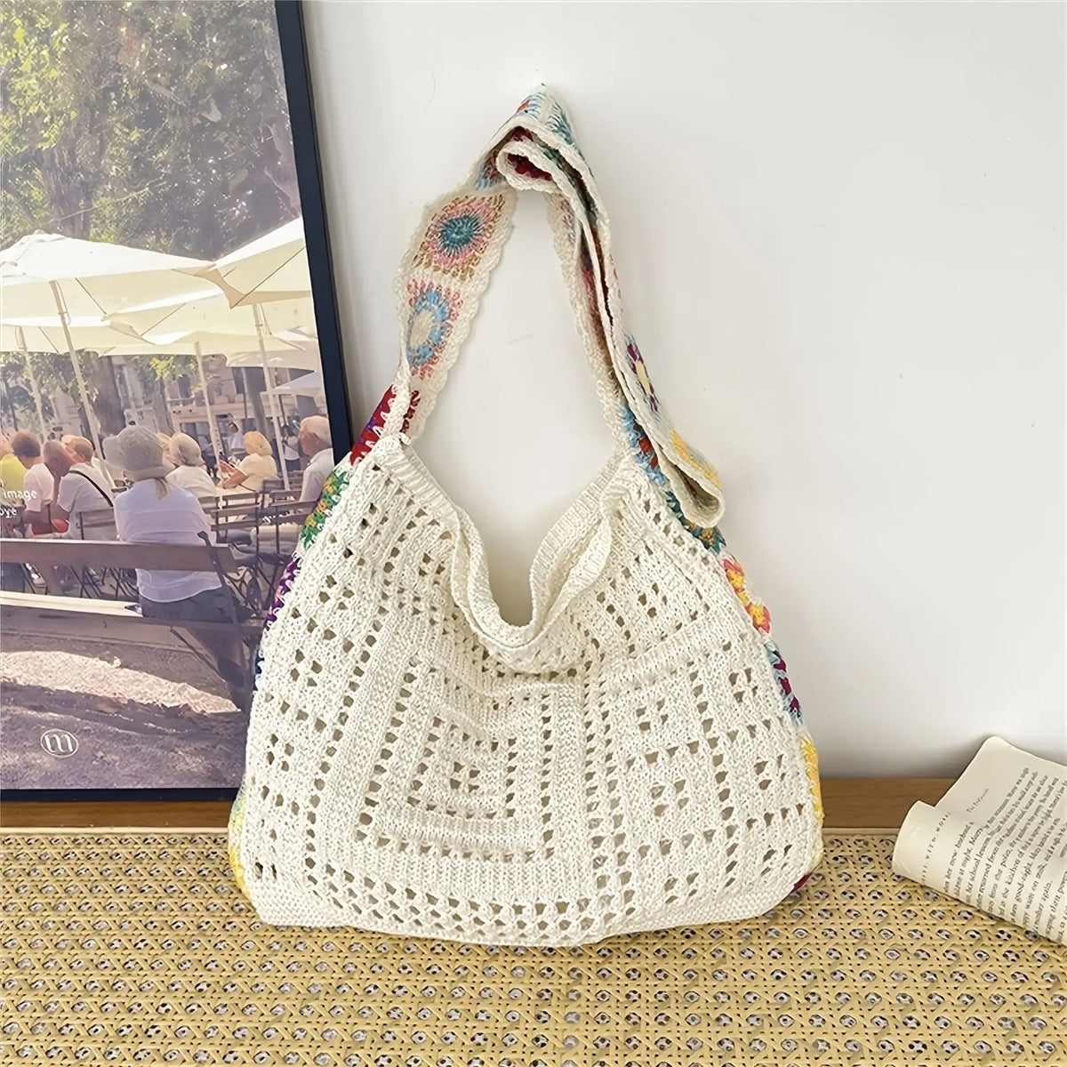 Bolso Shopper de Crochet Boho Grande con Flores