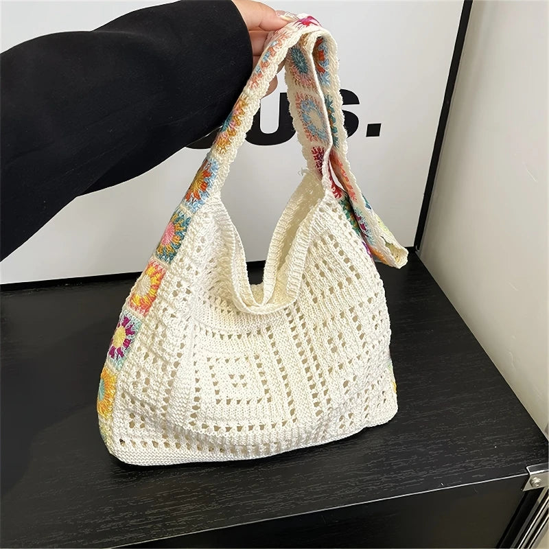 Bolso Shopper de Crochet Boho Grande con Flores