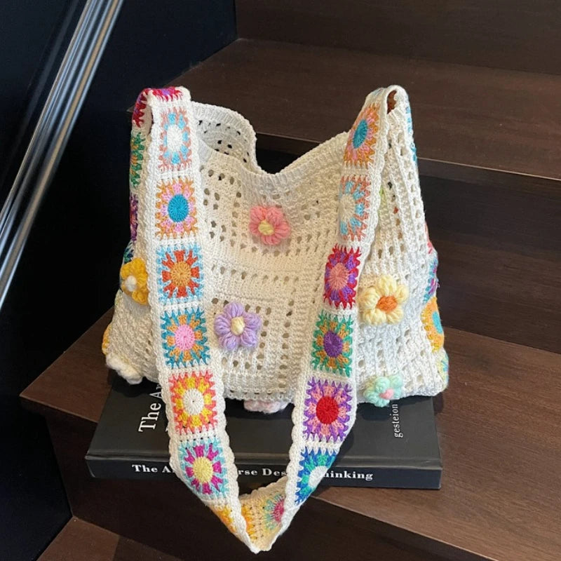 Bolso Shopper de Crochet Boho Grande con Flores