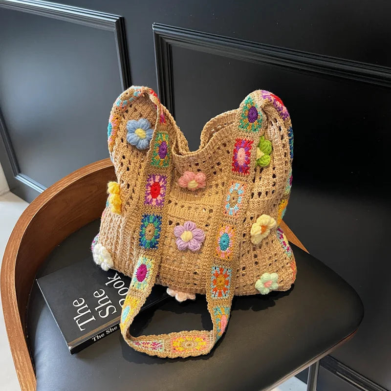 Bolso Shopper de Crochet Boho Grande con Flores