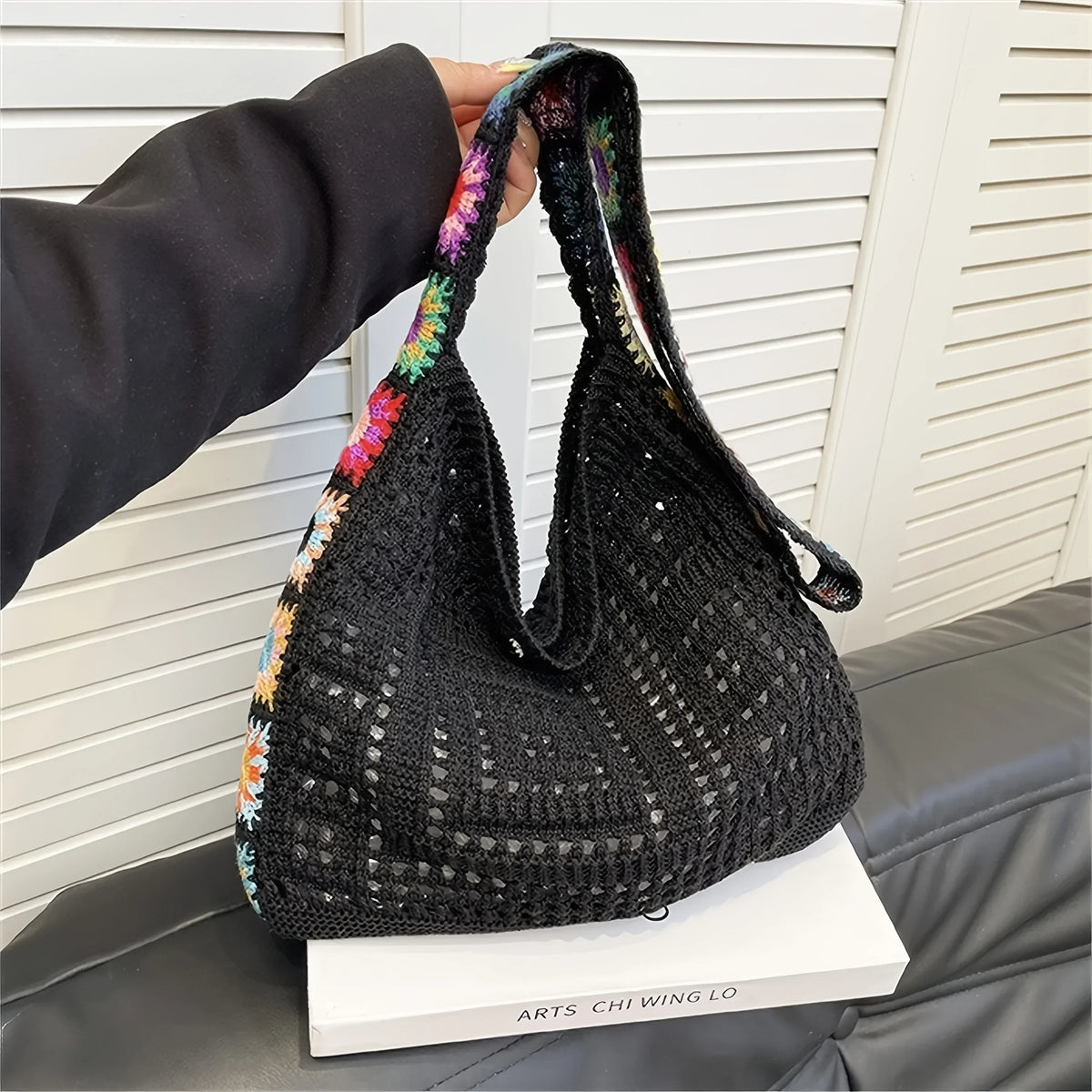 Bolso Shopper de Crochet Boho Grande con Flores