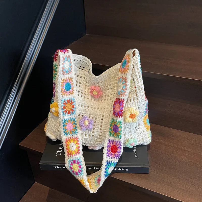 Bolso Shopper de Crochet Boho Grande con Flores