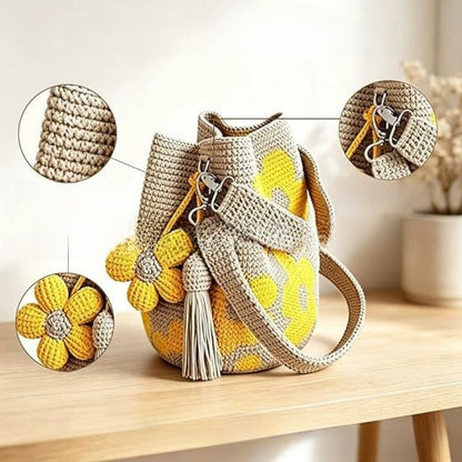 Bolso de mano con flor y borlón